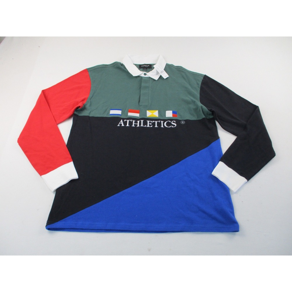 PacSun Rugby Shirt Mens Large Multi Colorblock Athletics Nautical Flag LS Polo